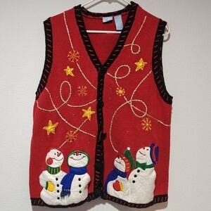 Ugly Christmas Sweater Vest 1X Snowman Frosty Thick Knit Beaded Tinsle